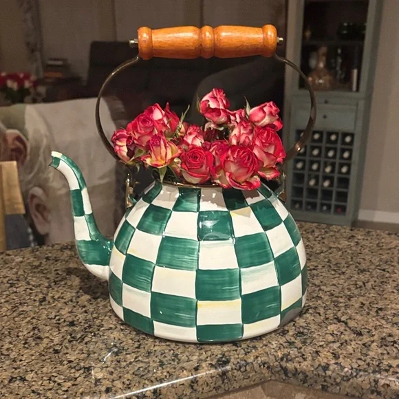 MacKenzie-Childs Green and White Checkered Teapot - Picture 3 of 3